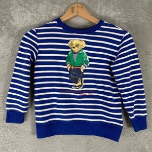 Polo Ralph Lauren Sweatshirt Kids Size 7 Blue Striped Polo Bear Graphic Pullover